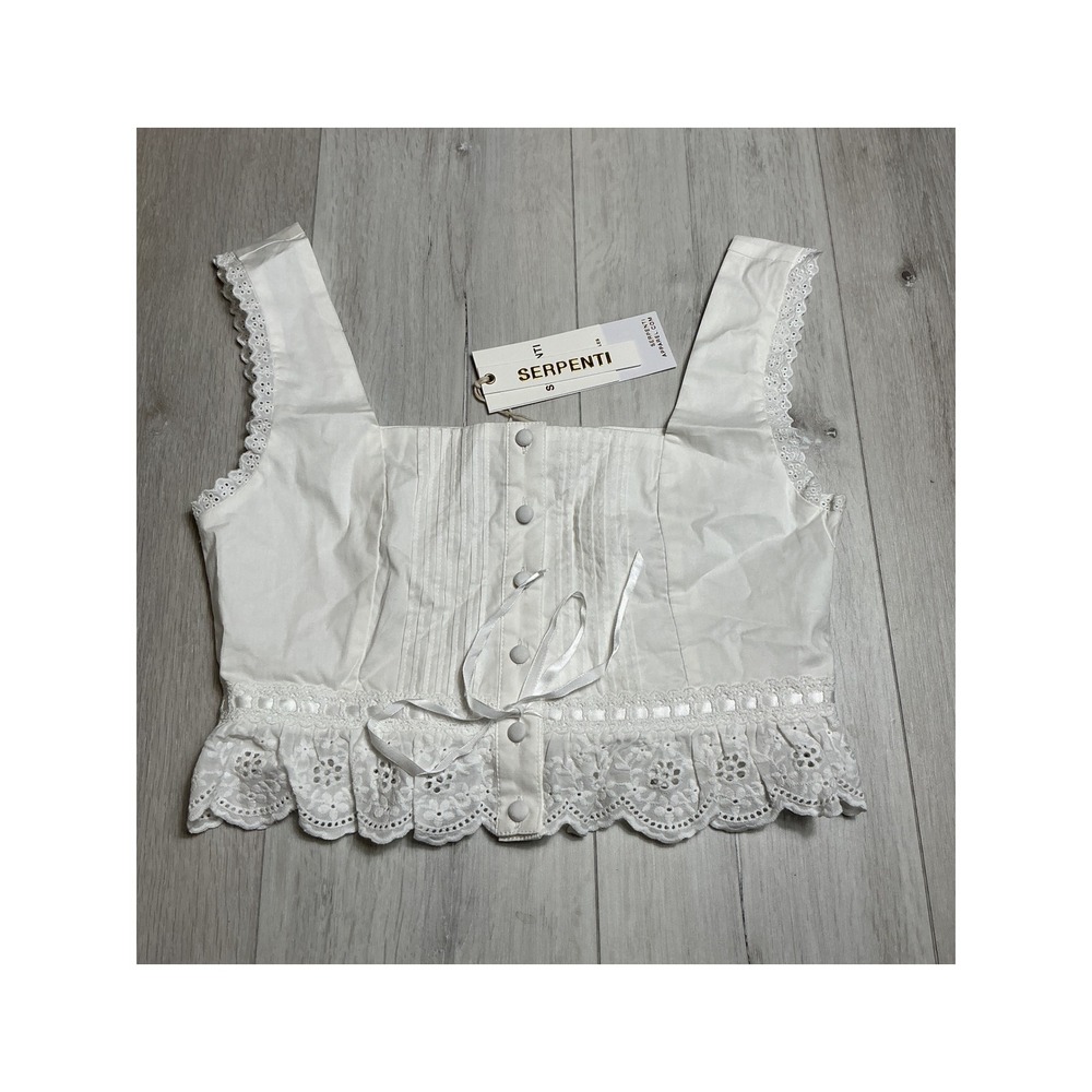 Serpenti Contadina Blouse White‎ Ruffle Trim Sleeveless Crop Top S New With Tags - Picture 2 of 6